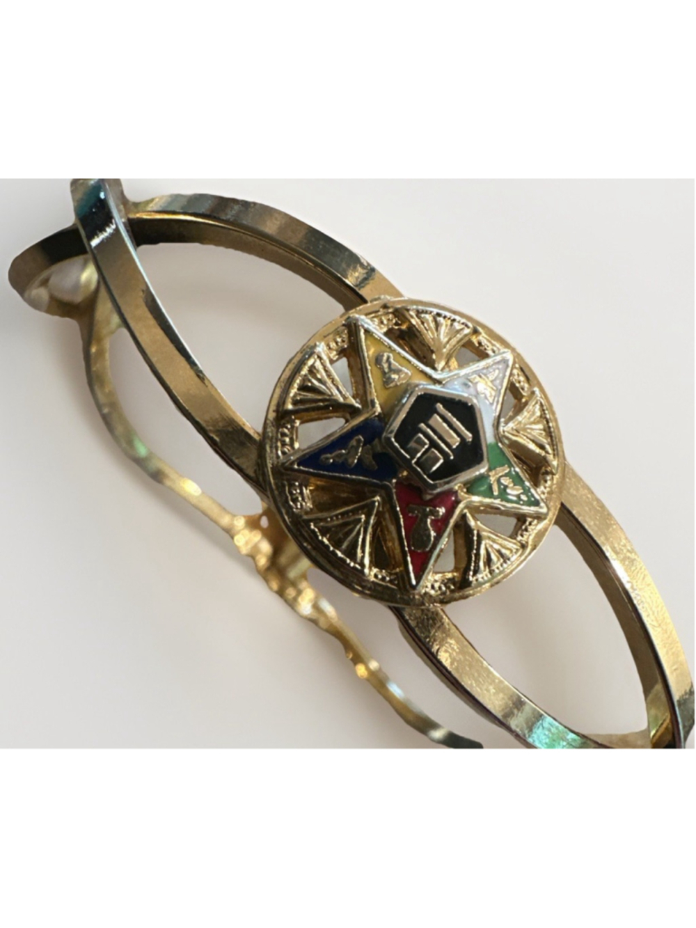 Masonic Order of Eastern Star Gold Tone & Enamel Clamper Bracelet 7.5” Shriner
